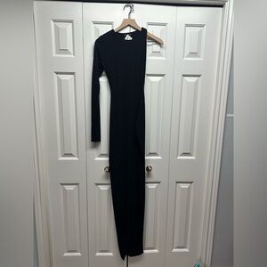 Naked Wardrobe Black Asymmetrical One Sleeve Ribbed Bodycon Maxi Dress Size 1